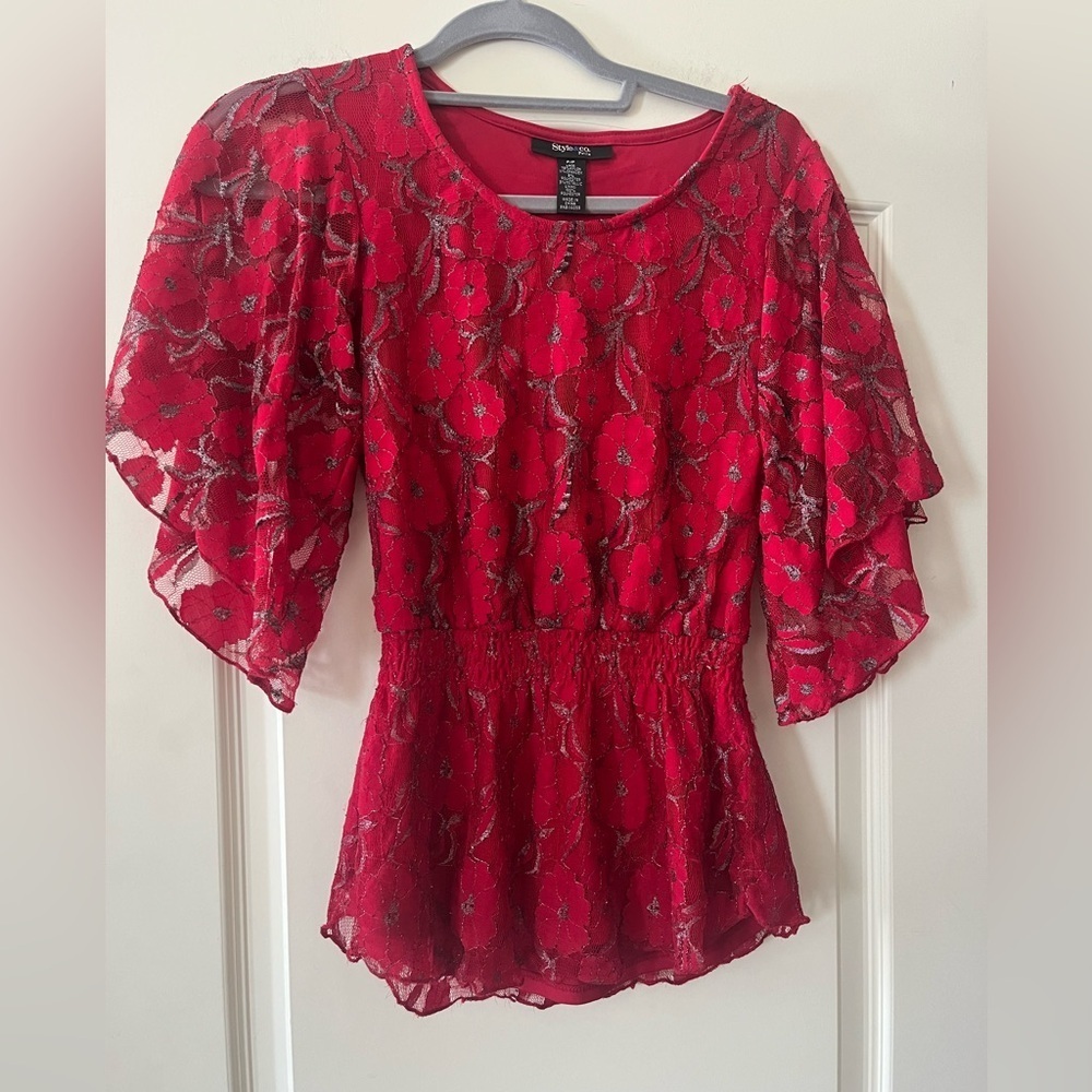 Style & Co Red Lace Floral Blouse with Elastic Waist Women’s Petite Small